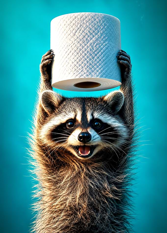 Happy Raccoon Holding Toilet Paper