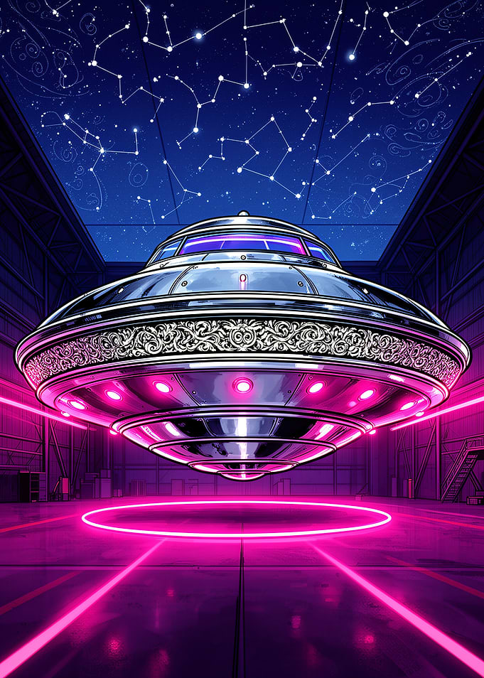 Ornate UFO in Neon Hangar