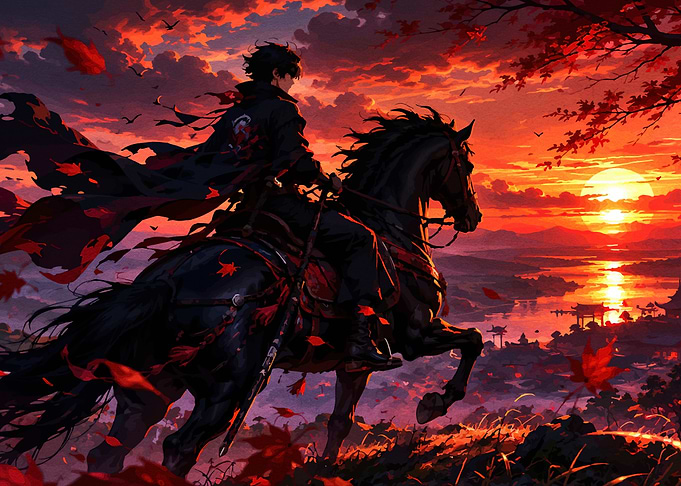 Warrior Riding Horse at Sunset
