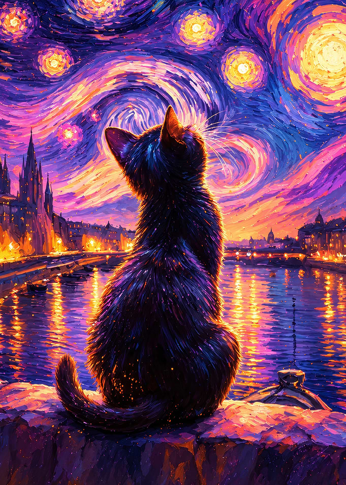 Cat Watching Starry Night Cityscape