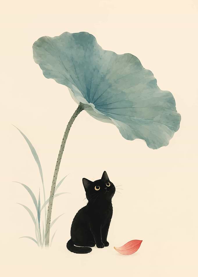 Black Cat Under Lotus Leaf