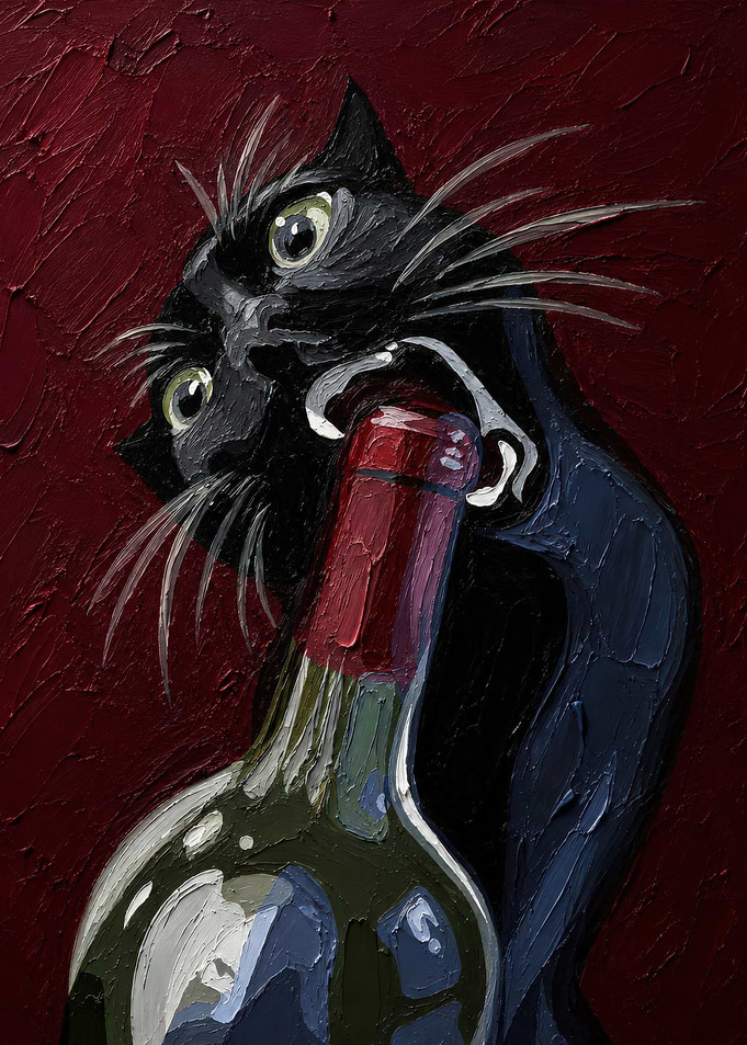 Black Cat Opening Wine Bottle Painting