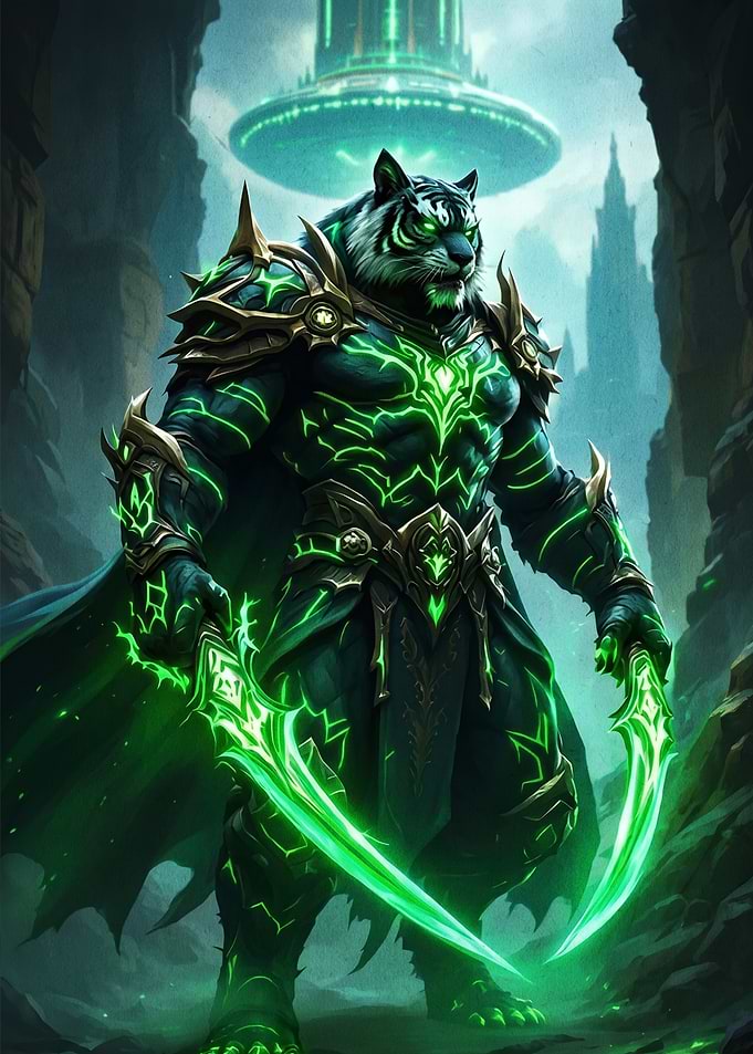 Neon Green Tiger Warrior Fantasy Art