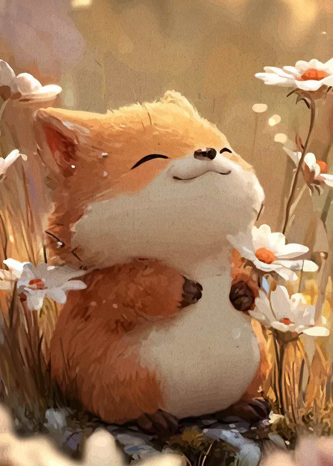 Cute Smiling Fox in Daisies