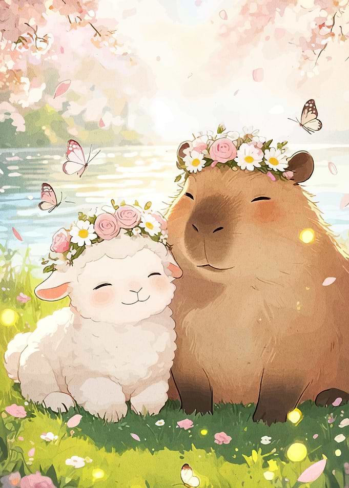 Cute Capybara and Lamb Friends