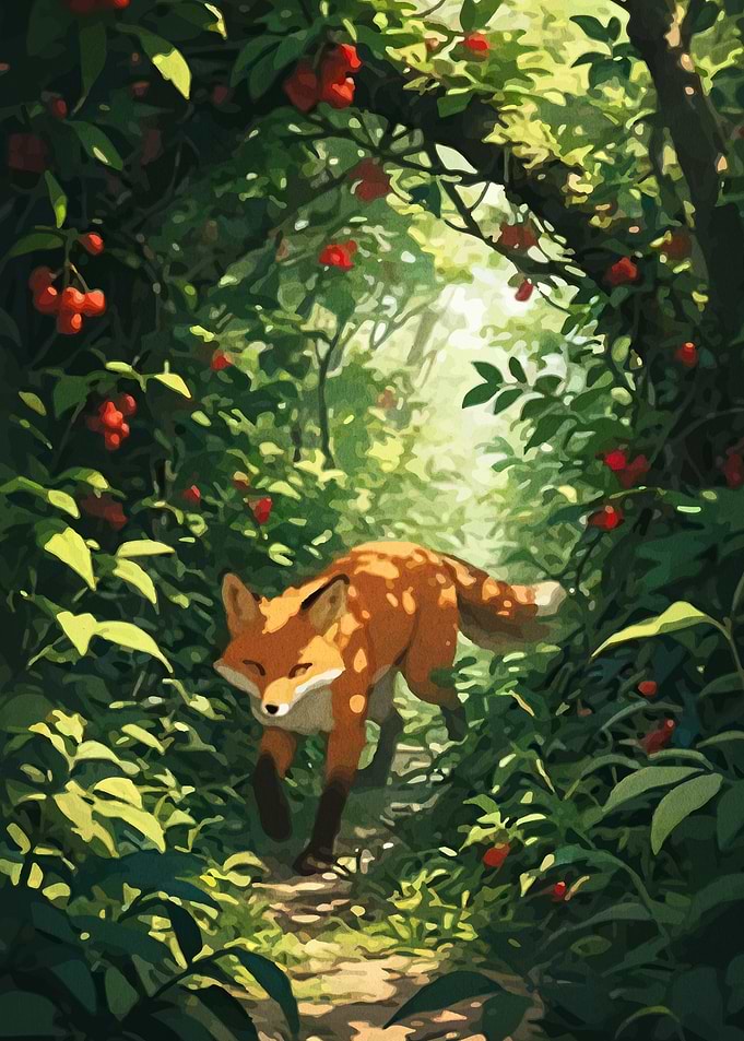 Fox walking through a berry forest