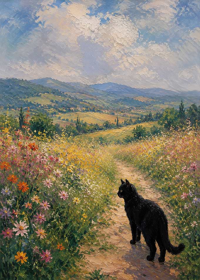 Black Cat in Wildflower Meadow