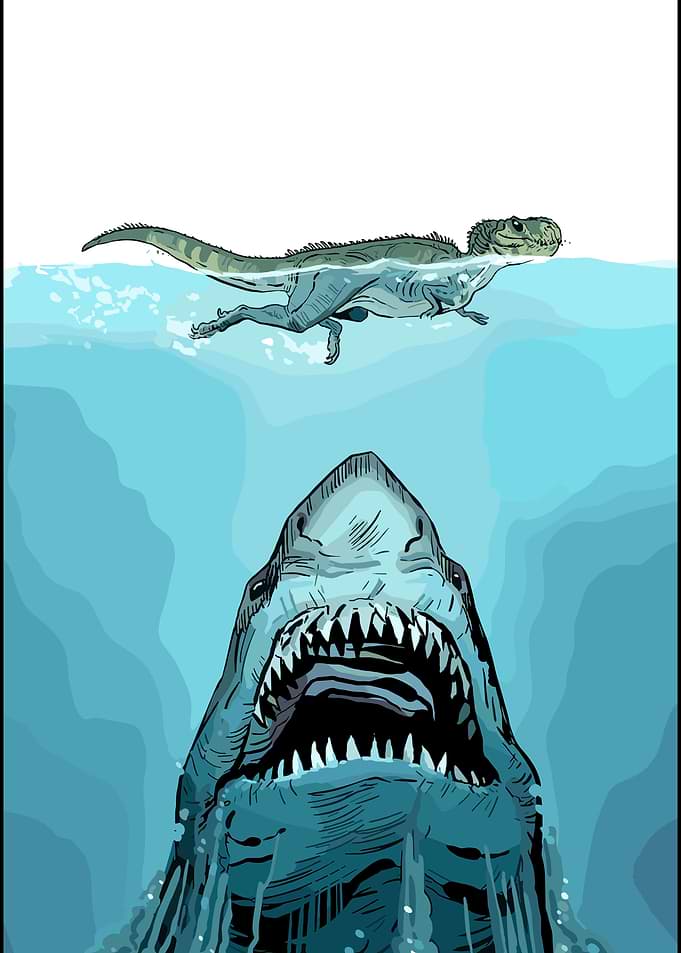 Dinosaur Swimming Above Giant Shark