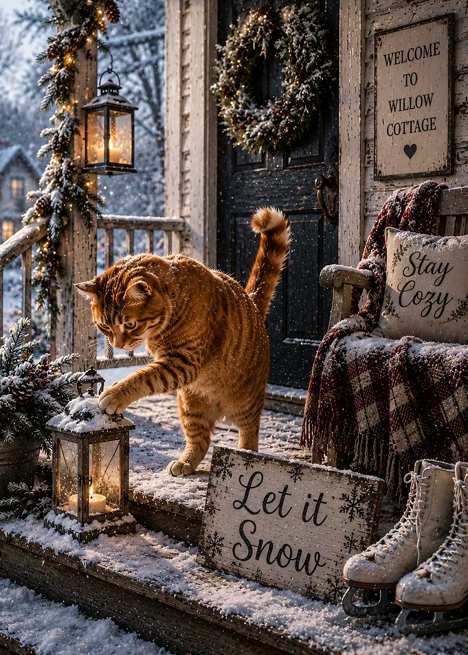 Ginger Cat on Snowy Porch