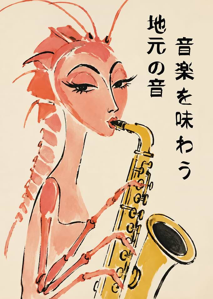 Shrimp Playing Saxophone Illustration