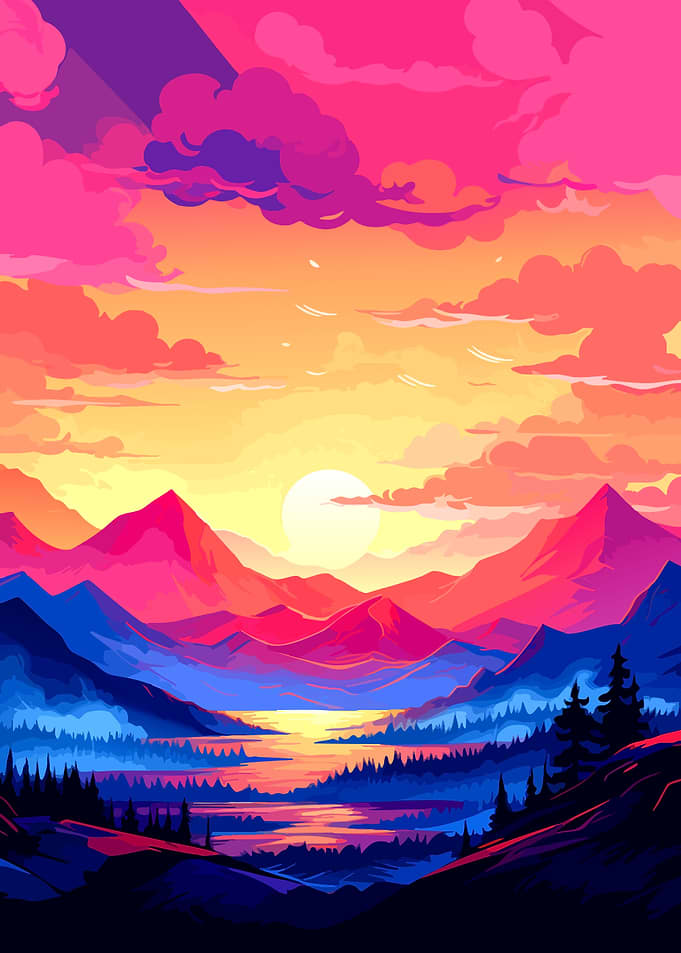 Vibrant Sunset Mountain Landscape Illustration