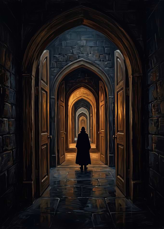 Silhouette in a Gothic Stone Corridor