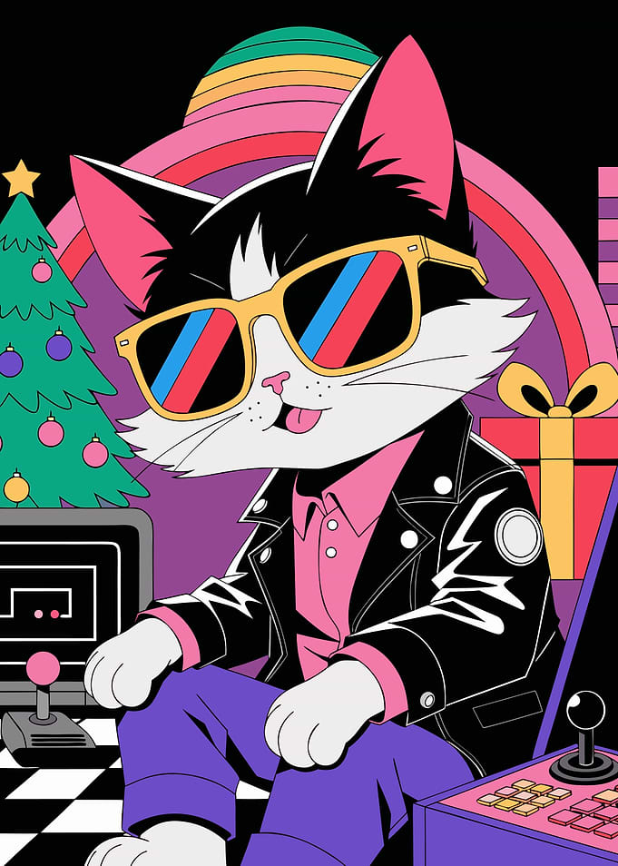 Cool Retro Gamer Cat Illustration