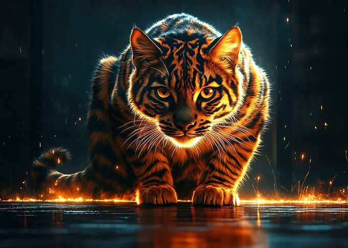 Glowing Tiger Cat in Darkness