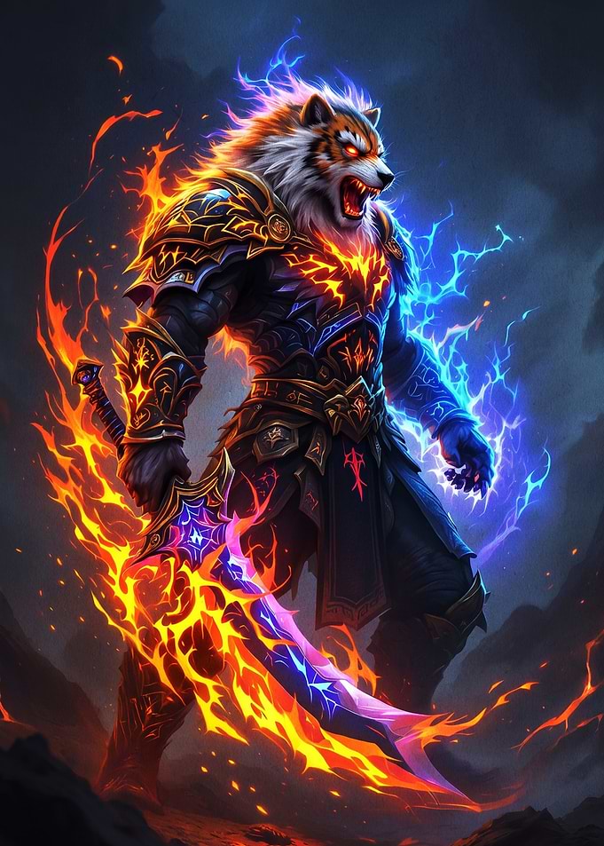 Elemental Tiger Warrior with Flaming Sword