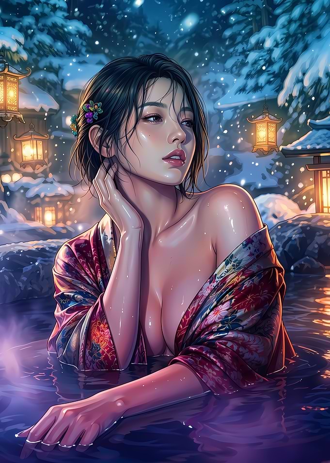 Woman Relaxing in Snowy Hot Spring