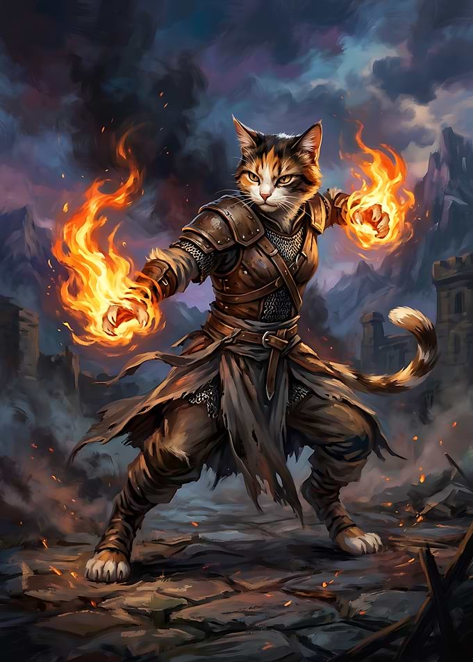 Calico Cat Warrior Casting Fire Magic
