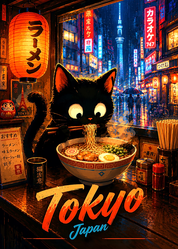 Black Cat Eating Ramen in Tokyo