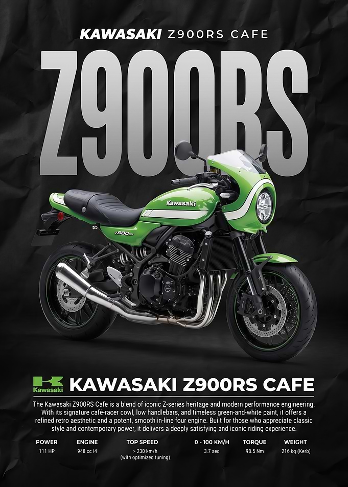 green sleek Kawasaki Z900RS Cafe Motorcycle Poster