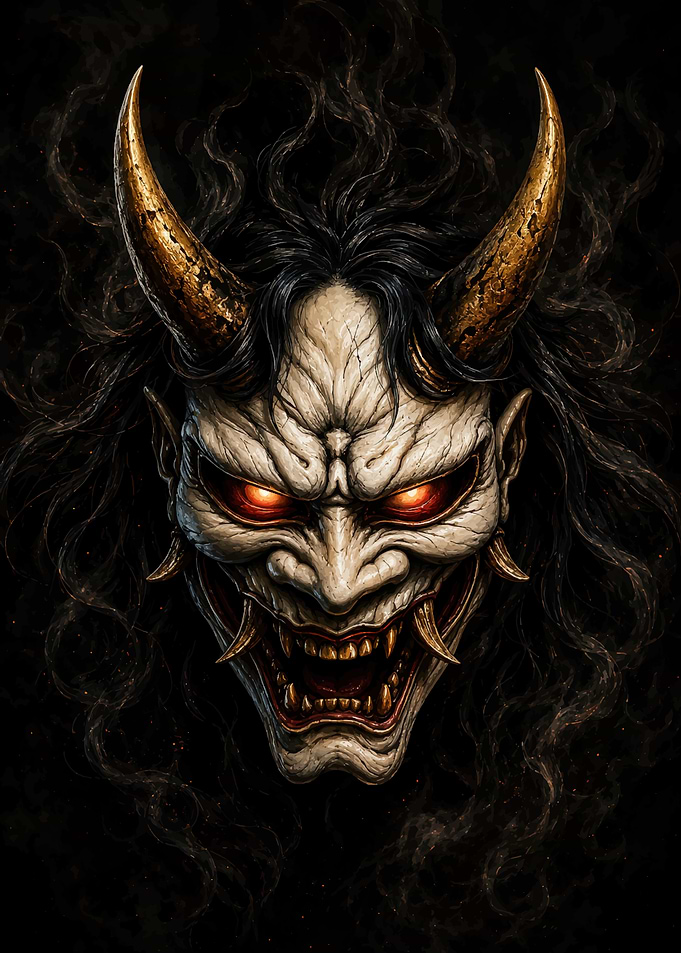 Fierce Oni Demon Mask Portrait