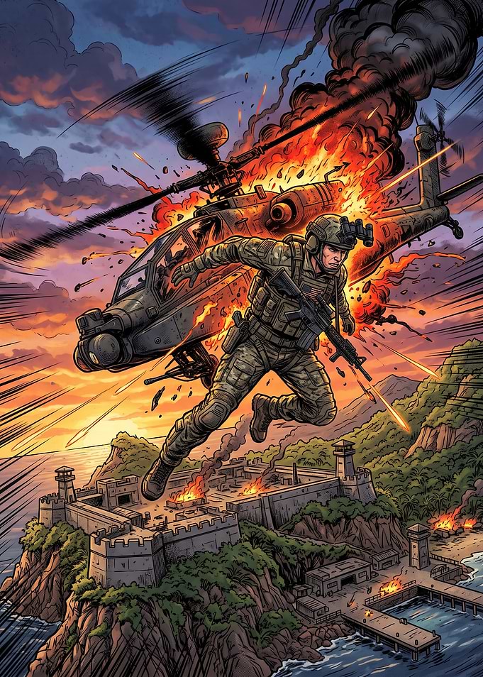 Soldier Escaping Exploding Attack Helicopter