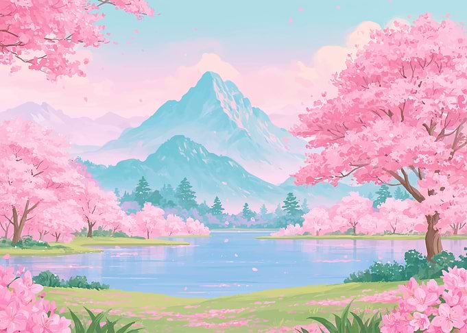 Serene Cherry Blossom Mountain Landscape