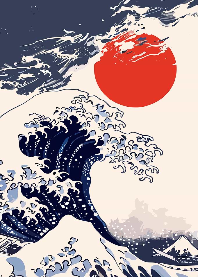 Great Wave and Red Sun Art