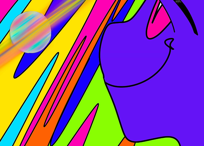 Abstract Purple Character with Rainbow Background