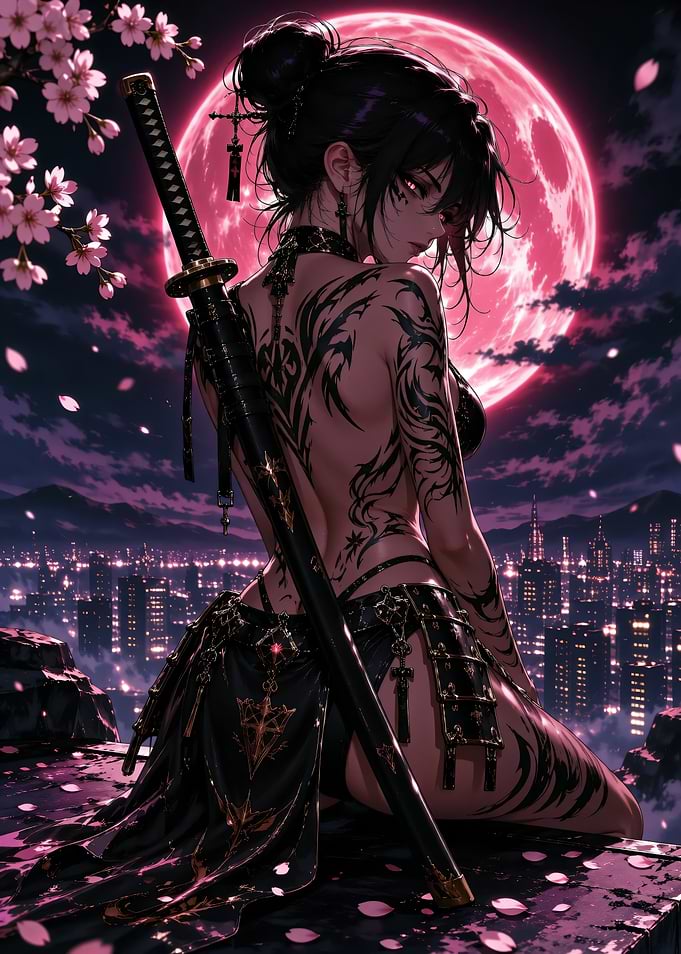 Tattooed Samurai Girl Under Red Moon