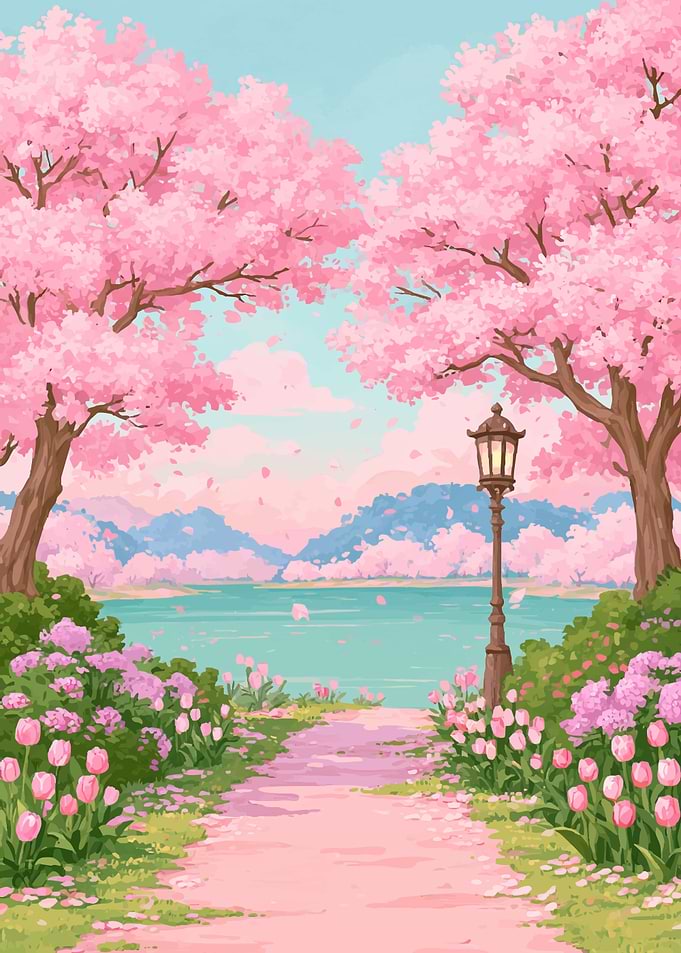 Cherry Blossom Path by the Lake