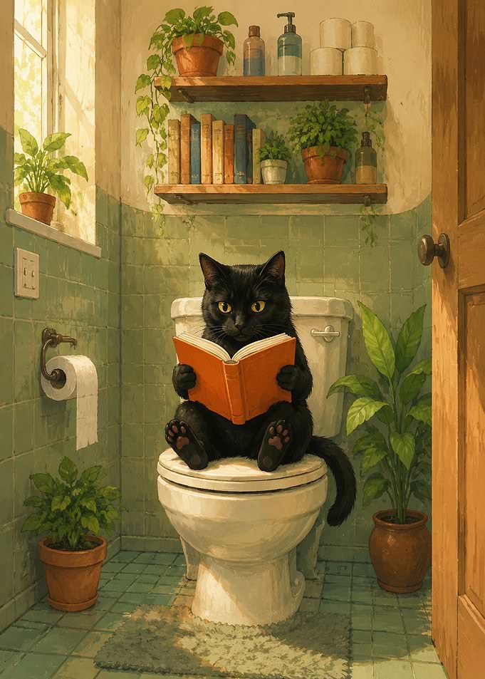 Black Cat Reading on Toilet