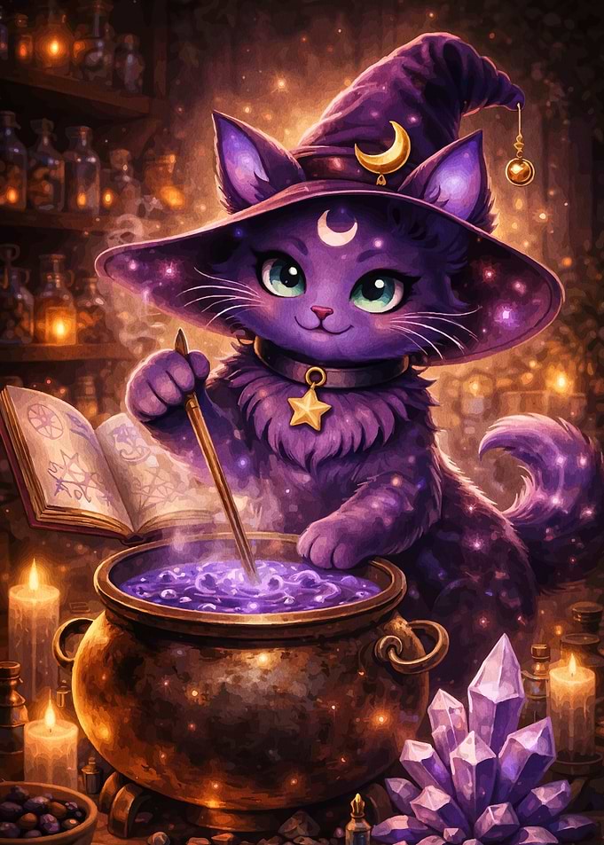 Magical Purple Witch Cat