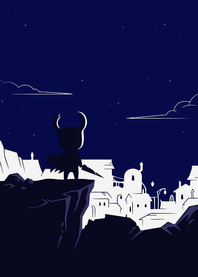 Hollow Knight Silhouette Overlooking City