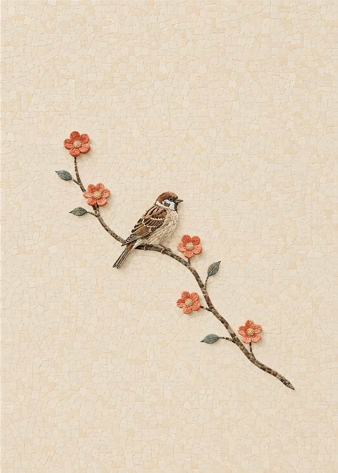 Sparrow Perched on Flowering Branch
