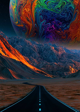 Surreal Cosmic Road Through Mountains
