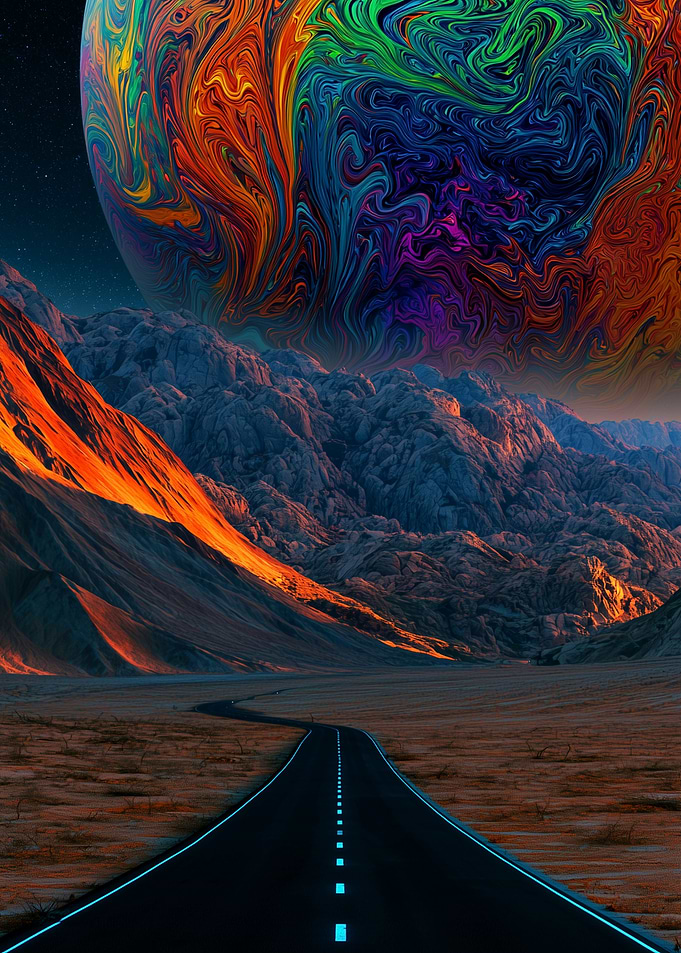 Surreal Cosmic Road Through Mountains