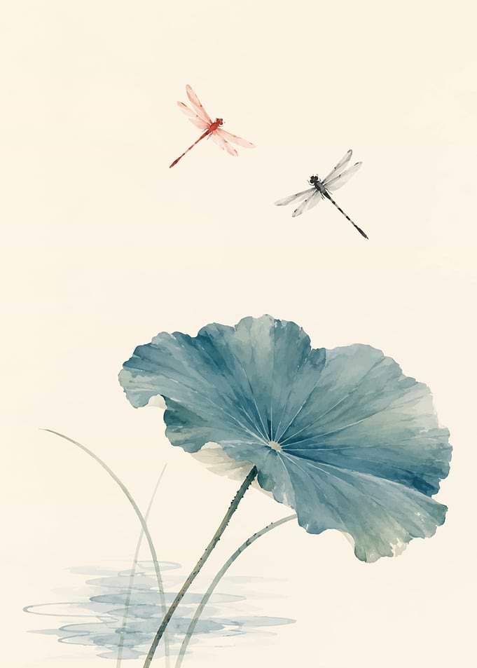Watercolor Dragonflies and Lotus Leaf