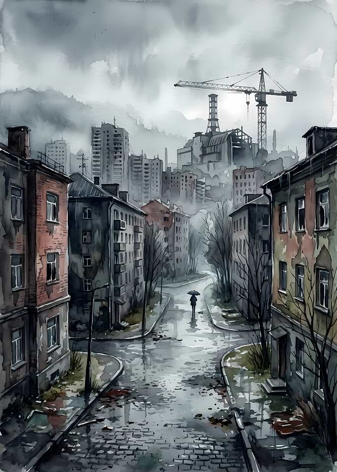 Chernobyl Pripyat Cityscape Watercolor Art