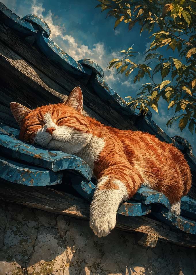 Ginger Cat Sleeping on Blue Roof
