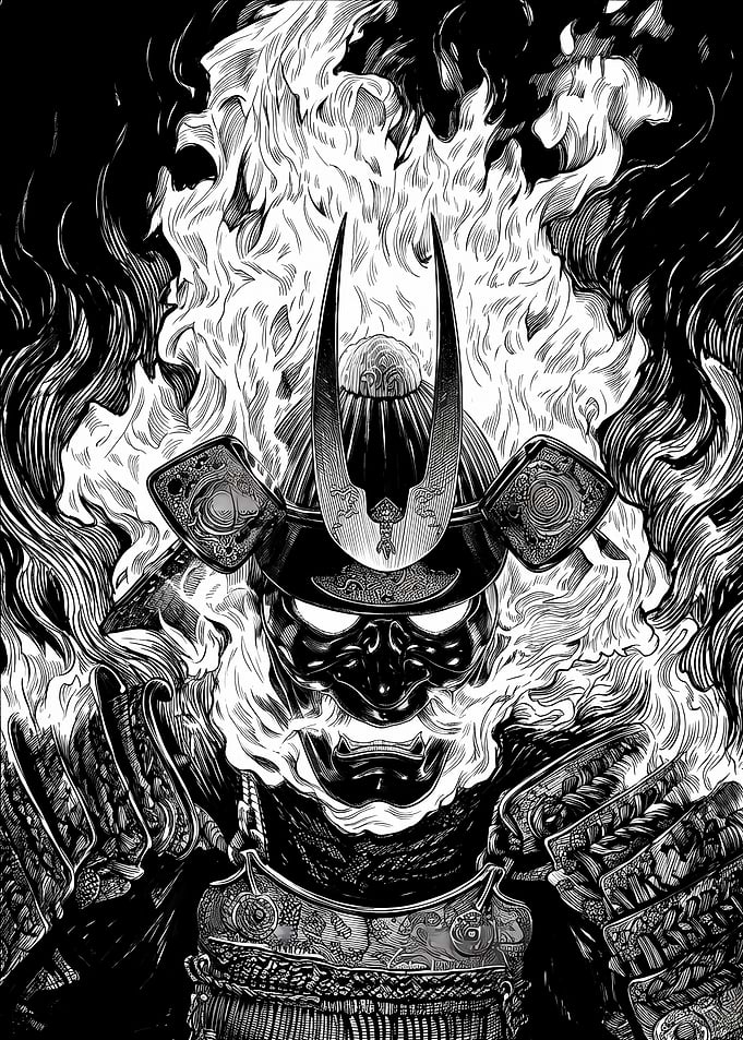 Burning Samurai Warrior Mask Illustration