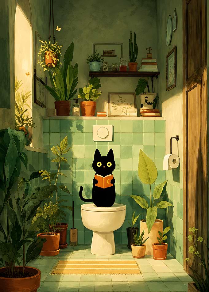Cat Reading Book on Toilet
