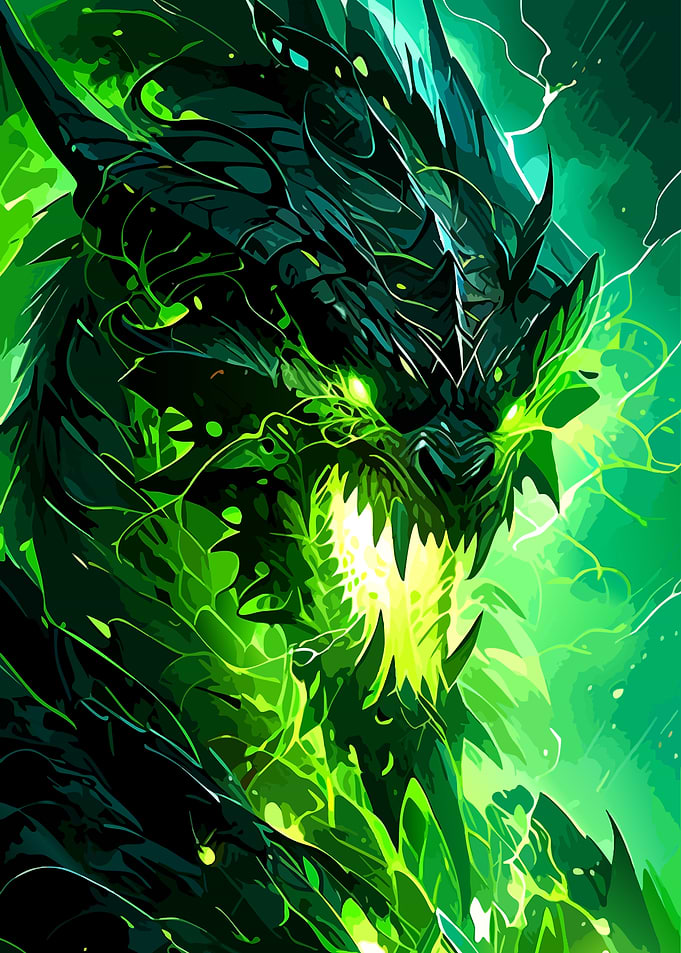 Fierce Green Lightning Dragon Portrait