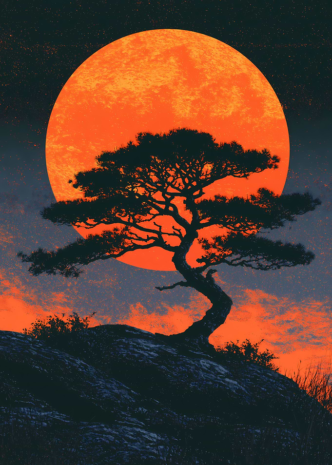 Bonsai Tree Against Giant Orange Moon