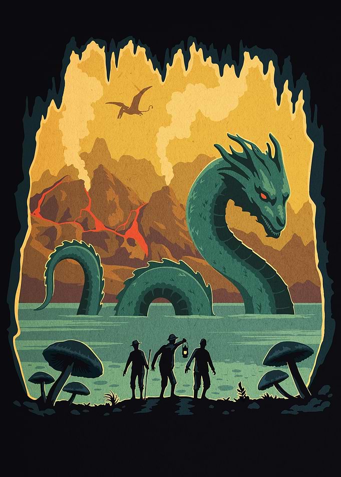 Explorers Encountering a Prehistoric Sea Serpent