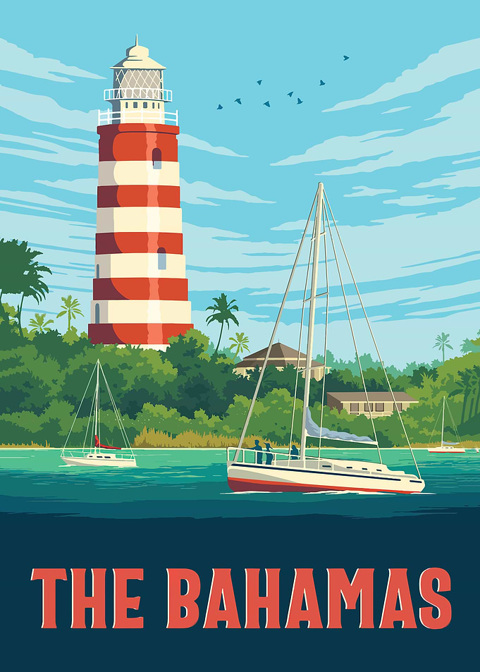 Vintage Bahamas Lighthouse Travel Poster