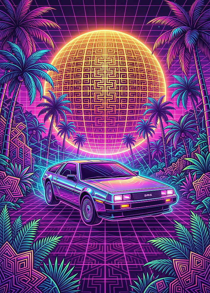 Synthwave DeLorean Retro Future Art