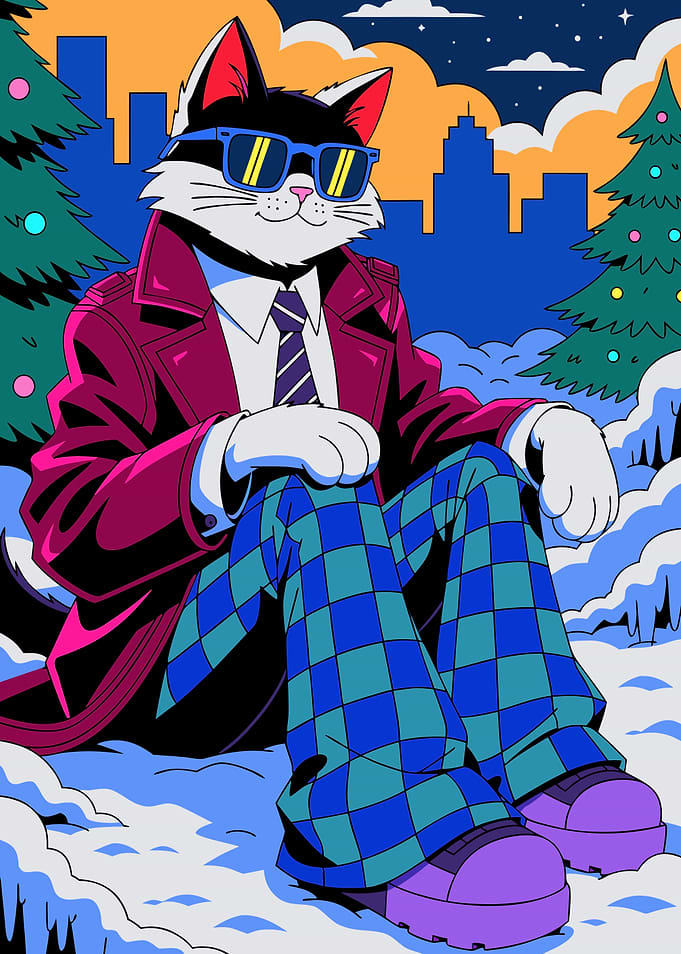 Cool Cat in Winter Cityscape