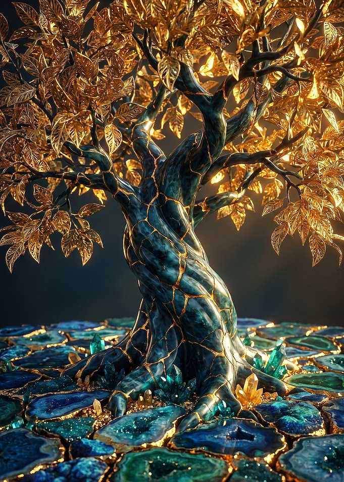 Golden Tree of life with Kintsugi Marble Trunk
