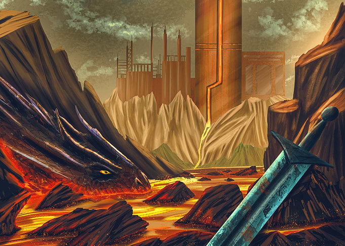 Dragon and Sword in Volcanic Landscape