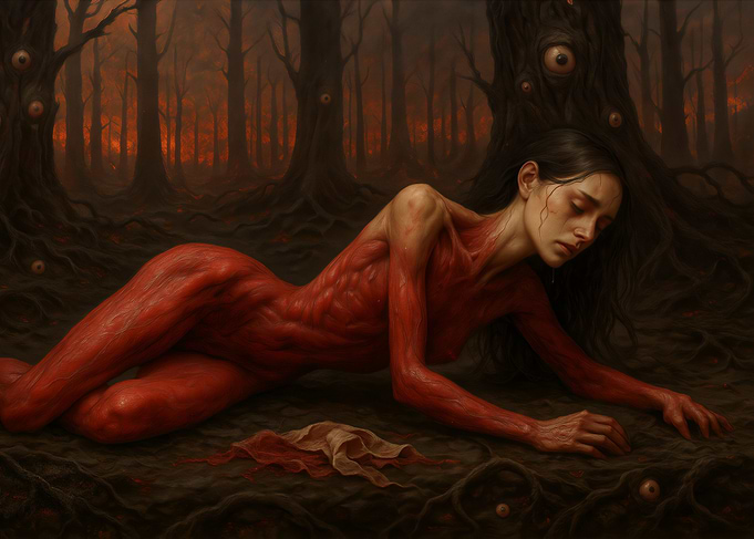 Surreal Ecorche Figure in Dark Forest